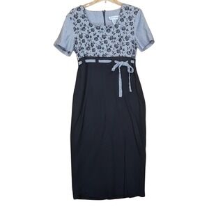 Vintage Betsy's Things 90s‎ Black Floral Houndstooth Midi Dress Women's's 14